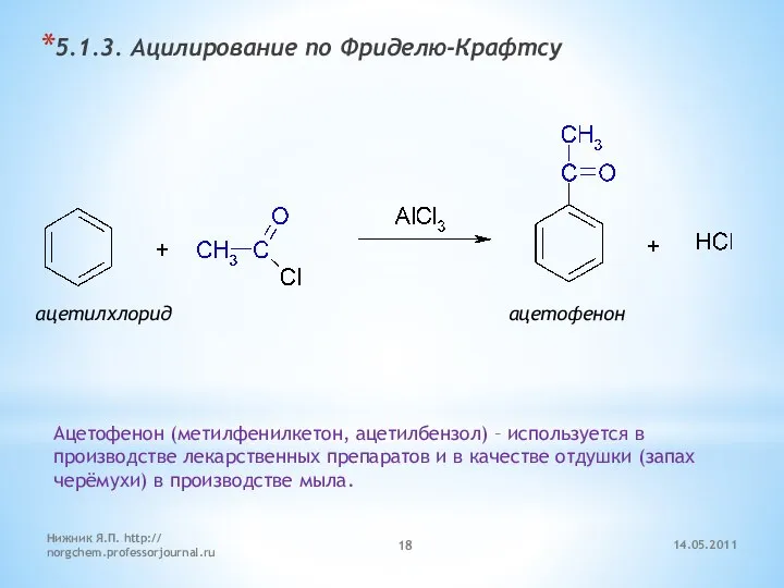 14.05.2011 Нижник Я.П. http:// norgchem.professorjournal.ru 5.1.3. Ацилирование по Фриделю-Крафтсу ацетилхлорид ацетофенон Ацетофенон