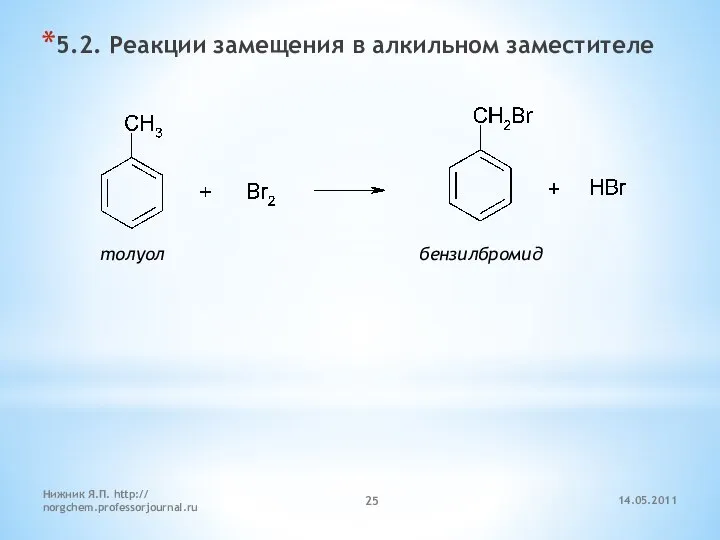 14.05.2011 Нижник Я.П. http:// norgchem.professorjournal.ru 5.2. Реакции замещения в алкильном заместителе толуол бензилбромид