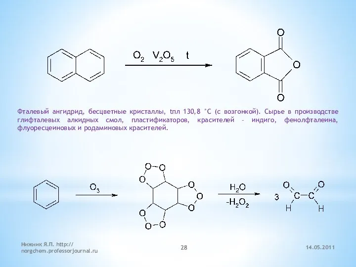 Фталевый ангидрид, бесцветные кристаллы, tпл 130,8 °С (с возгонкой). Сырье в производстве