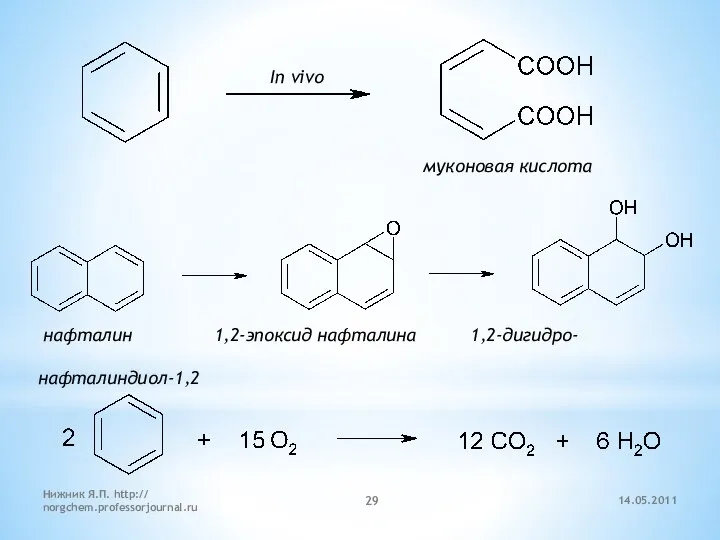 нафталин 1,2-эпоксид нафталина 1,2-дигидро- нафталиндиол-1,2 In vivo 14.05.2011 Нижник Я.П. http:// norgchem.professorjournal.ru муконовая кислота