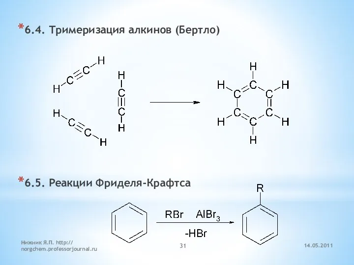 14.05.2011 Нижник Я.П. http:// norgchem.professorjournal.ru 6.4. Тримеризация алкинов (Бертло) 6.5. Реакции Фриделя-Крафтса