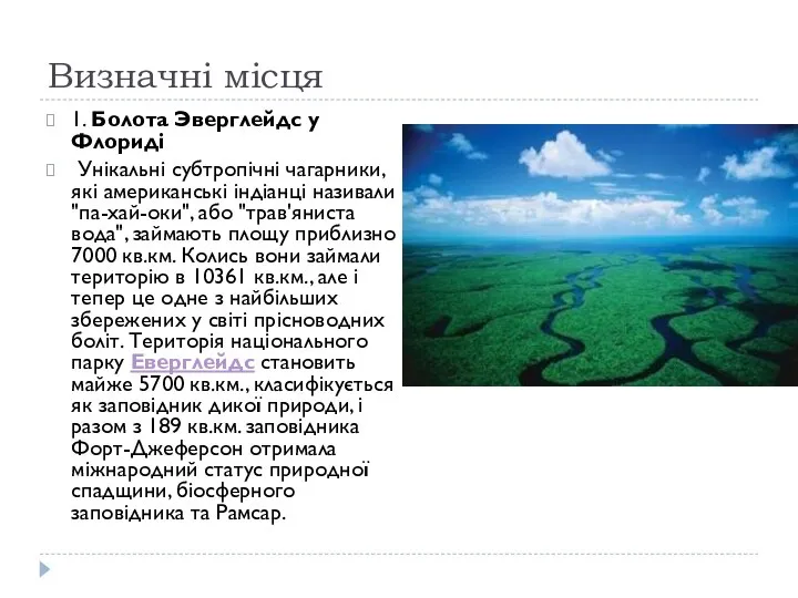 Визначні місця 1. Болота Эверглейдс у Флориді Унікальні субтропічні чагарники, які американські