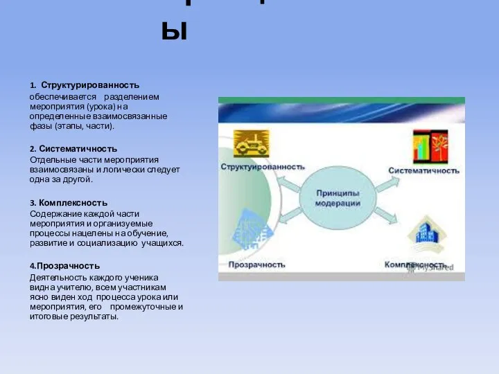 Принципы 1. Структурированность обеспечивается разделением мероприятия (урока) на определенные взаимосвязанные фазы (этапы,