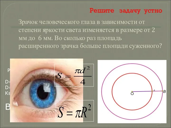 Решите задачу устно Зрачок человеческого глаза в зависимости от степени яркости света