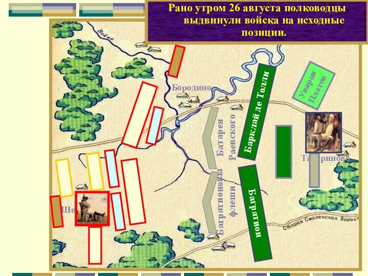 Рано утром 26 августа полководцы выдвинули войска на исходные позиции. Барклай де Толли Багратион Уваров Платов