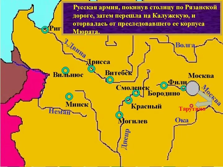 Русская армия, покинув столицу по Рязанской дороге, затем перешла на Калужскую, и