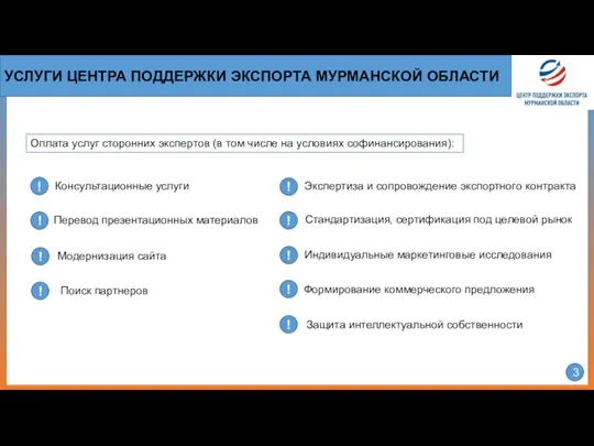 3 УСЛУГИ ЦЕНТРА ПОДДЕРЖКИ ЭКСПОРТА МУРМАНСКОЙ ОБЛАСТИ Консультационные услуги Перевод презентационных материалов