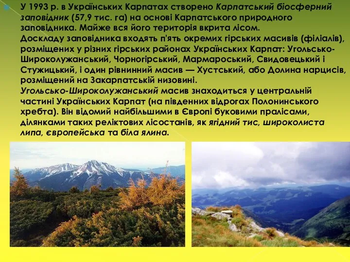 У 1993 р. в Українських Карпатах створено Карпатський біосферний заповідник (57,9 тис.