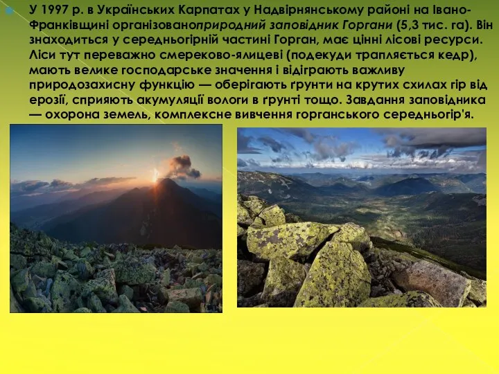 У 1997 р. в Українських Карпатах у Надвірнянському районі на Івано-Франківщині організованоприродний