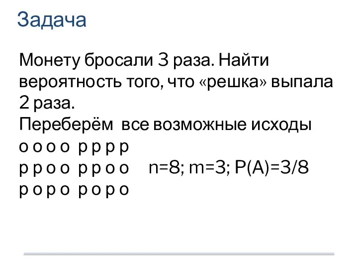 Монету бросали 3 раза. Найти вероятность того, что «решка» выпала 2 раза.