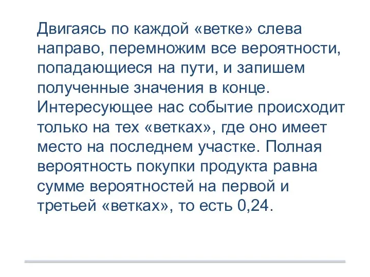 Двигаясь по каждой «ветке» слева направо, перемножим все вероятности, попадающиеся на пути,