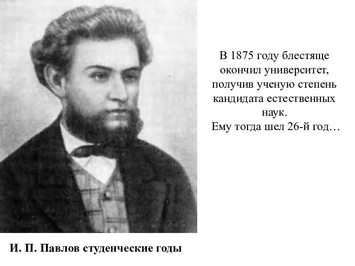 И. П. Павлов студенческие годы В 1875 году блестяще окончил университет, получив