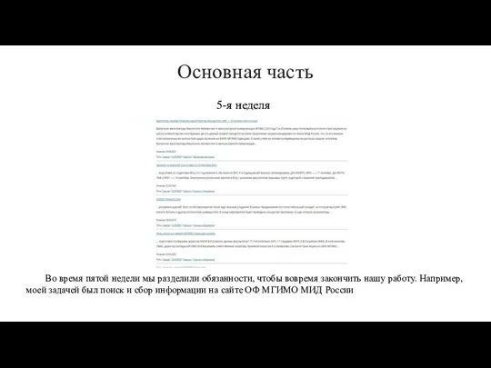 5-я неделя Основная часть Во время пятой недели мы разделили обязанности, чтобы