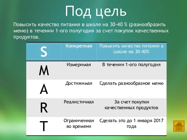 Под цель Повысить качество питания в школе на 30-40 % (разнообразить меню)