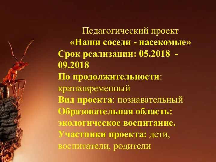 Педагогический проект «Наши соседи - насекомые» Срок реализации: 05.2018 - 09.2018 По