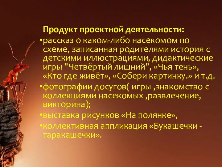 Продукт проектной деятельности: рассказ о каком-либо насекомом по схеме, записанная родителями история