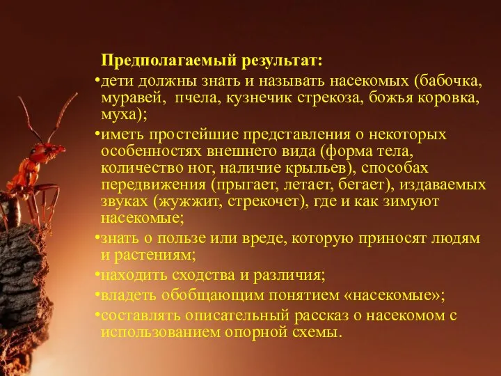 Предполагаемый результат: дети должны знать и называть насекомых (бабочка, муравей, пчела, кузнечик