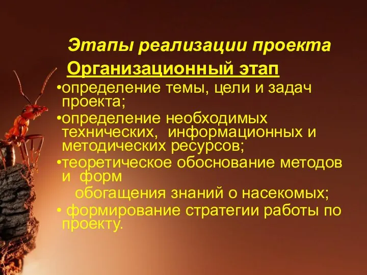 Этапы реализации проекта Организационный этап определение темы, цели и задач проекта; определение