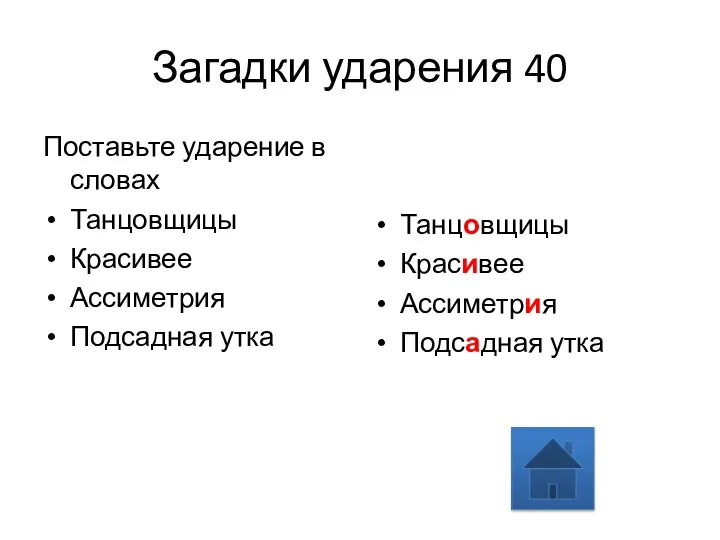 Загадки ударения 40 Поставьте ударение в словах Танцовщицы Красивее Ассиметрия Подсадная утка