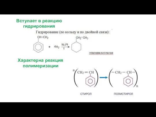 Вступает в реакцию гидрирования Характерна реакция полимеризации