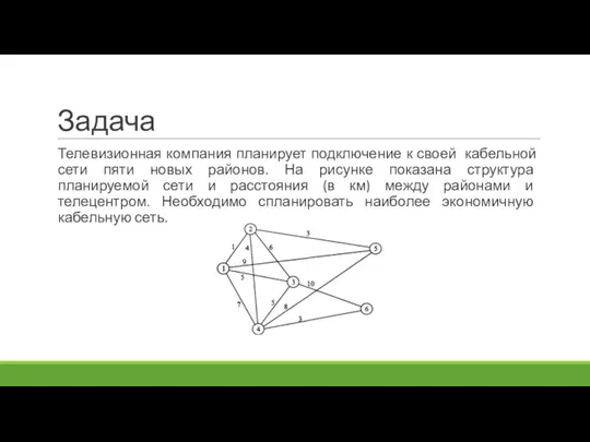 Задача Телевизионная компания планирует подключение к своей кабельной сети пяти новых районов.