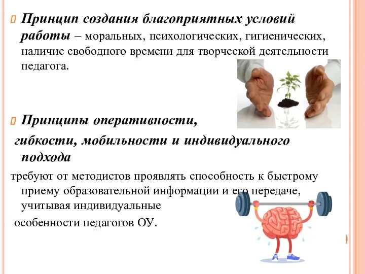 Принцип создания благоприятных условий работы – моральных, психологических, гигиенических, наличие свободного времени