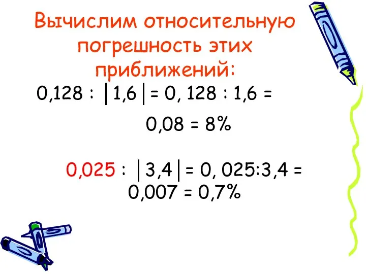 Вычислим относительную погрешность этих приближений: 0,128 : │1,6│= 0, 128 : 1,6