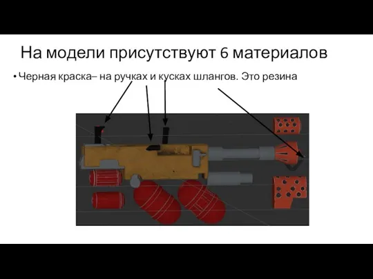 На модели присутствуют 6 материалов Черная краска– на ручках и кусках шлангов. Это резина