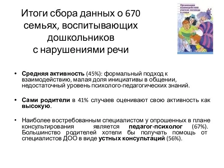 Итоги сбора данных о 670 семьях, воспитывающих дошкольников с нарушениями речи Средняя