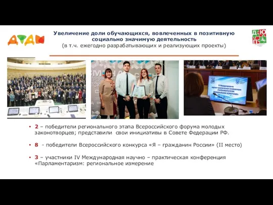 2 – победители регионального этапа Всероссийского форума молодых законотворцев; представили свои инициативы