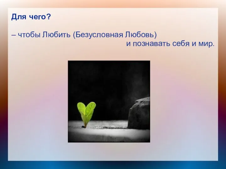 Для чего? – чтобы Любить (Безусловная Любовь) и познавать себя и мир.