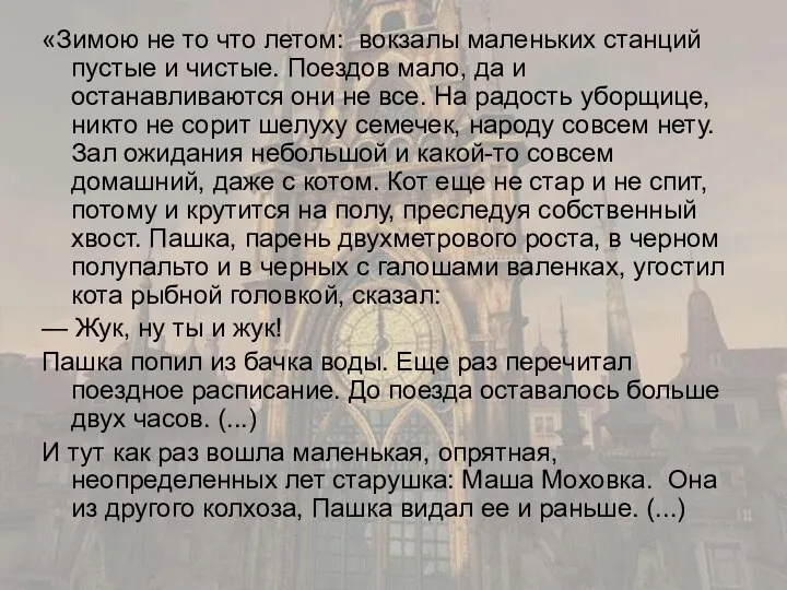 «Зимою не то что летом: вокзалы маленьких станций пустые и чистые. Поездов