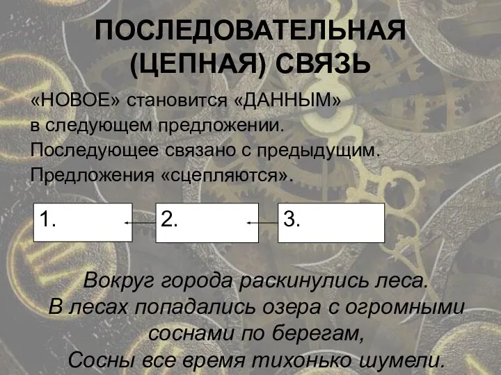 ПОСЛЕДОВАТЕЛЬНАЯ (ЦЕПНАЯ) СВЯЗЬ «НОВОЕ» становится «ДАННЫМ» в следующем предложении. Последующее связано с