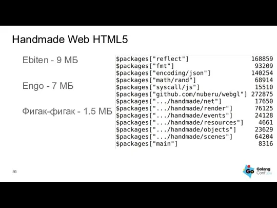 Ebiten - 9 МБ Engo - 7 МБ Фигак-фигак - 1.5 МБ Handmade Web HTML5