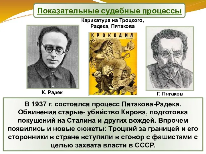 В 1937 г. состоялся процесс Пятакова-Радека. Обвинения старые- убийство Кирова, подготовка покушений