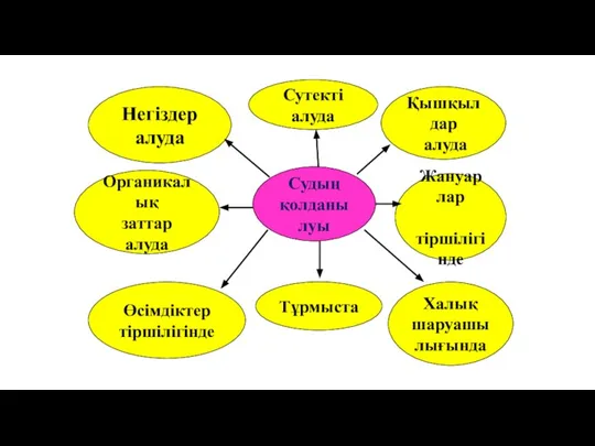 Негіздер алуда Органикалық заттар алуда Өсімдіктер тіршілігінде Сутекті алуда Судың қолданылуы Тұрмыста