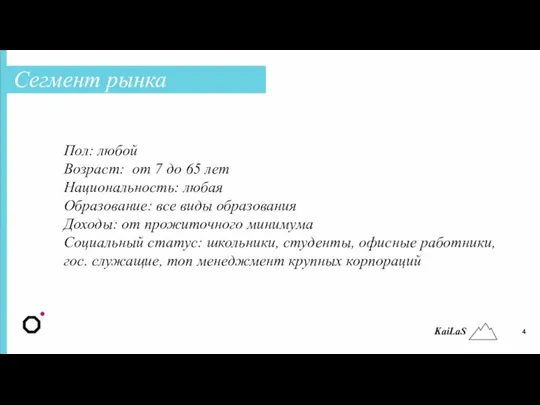 Сегмент рынка Пол: любой Возраст: от 7 до 65 лет Национальность: любая