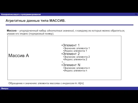 Агрегатные данные типа МАССИВ. Массив – упорядоченный набор однотипных значений, к каждому