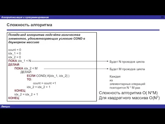 Сложность алгоритма Псевдо-код алгоритма подсчёта количества элементов, удовлетворяющих условию COND в двумерном