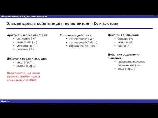 Элементарные действия для исполнителя «Компьютер» Арифметические действия: сложение ( + ) вычитание