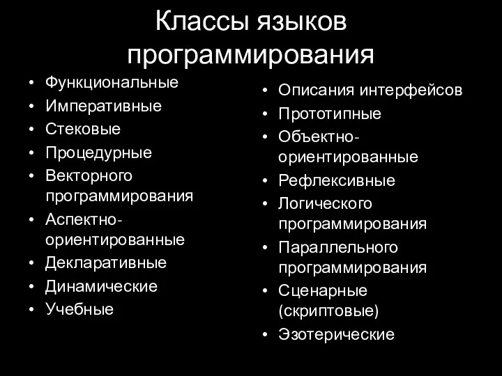 Классы языков программирования Функциональные Императивные Стековые Процедурные Векторного программирования Аспектно-ориентированные Декларативные Динамические