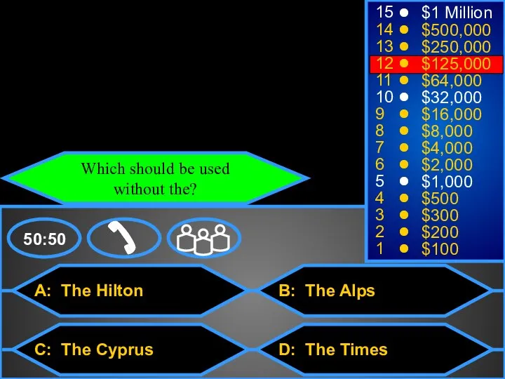 A: The Hilton C: The Cyprus B: The Alps D: The Times