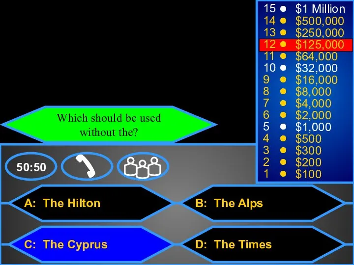 A: The Hilton C: The Cyprus B: The Alps D: The Times