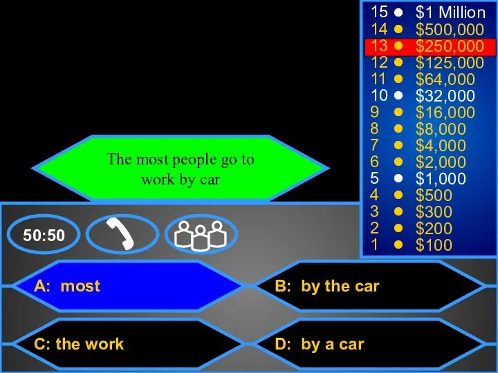 A: most C: the work B: by the car D: by a