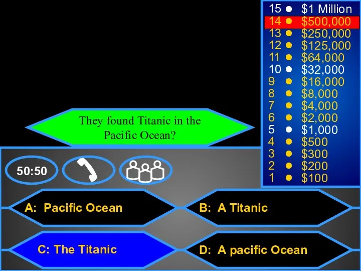 A: Pacific Ocean C: The Titanic B: A Titanic D: A pacific