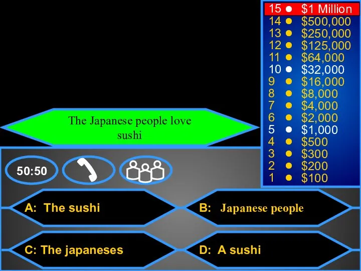 A: The sushi C: The japaneses B: D: A sushi 50:50 15