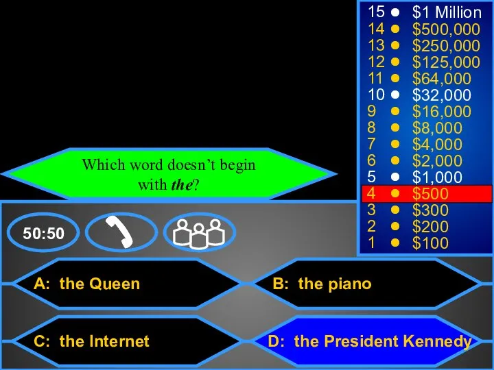 A: the Queen C: the Internet B: the piano D: the President