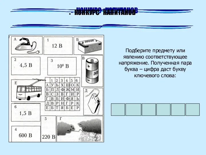 КОНКУРС КАПИТАНОВ Подберите предмету или явлению соответствующее напряжение. Полученная пара буква –