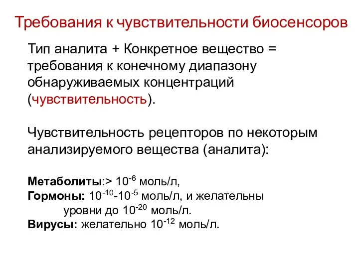 Требования к чувствительности биосенсоров Тип аналита + Конкретное вещество = требования к