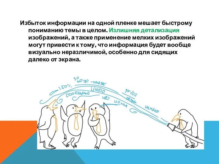 Избыток информации на одной пленке мешает быстрому пониманию темы в целом. Излишняя